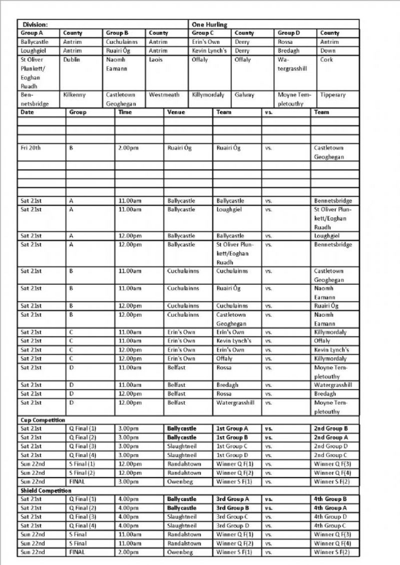 Div 1 National Feile Hurling Fixtues